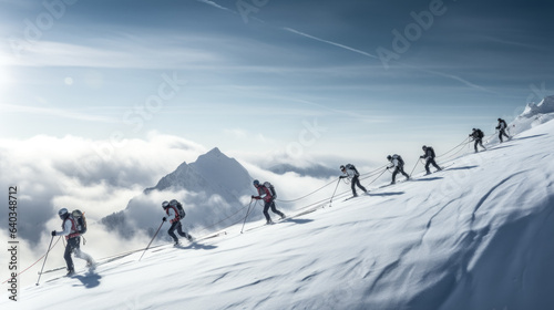 Skiers ascend a snowy hill with a tow rope. © Exuberation 