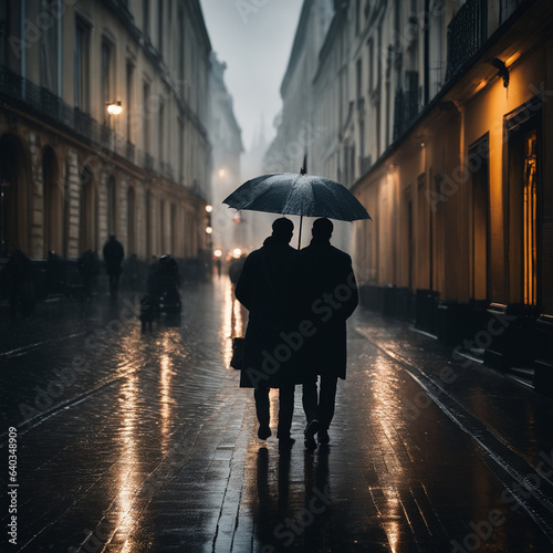 Two men in black clothes under a black umbrella on the street during the rain in the evening.
