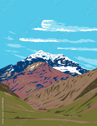 WPA poster art of Aconcagua Provincial Park in the  Principal Cordillera of the Andes mountain range, Mendoza Province in Argentina done in works project administration or Art Deco style.
