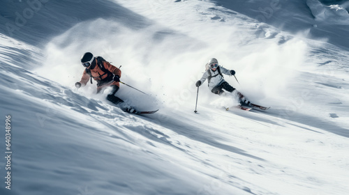Two skiers raced down a snowy slope in perfect harmony.