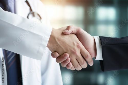 Doctor shaking hands with businessman in healthcare clinic. Business partnership in medical industry concept