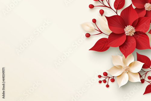 Paper cut red poinsettia flower with berry on light copy space background. Mochup surface with origami winter holiday composition