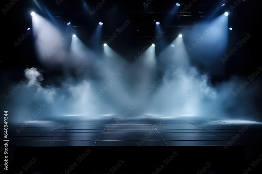 Illuminated stage with scenic lights and smoke. Blue vector spotlight with smoke volume light effect. Generative AI