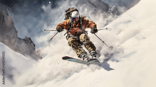 A snow skier skids down a snowy mountain slope, enjoying the winter weather.