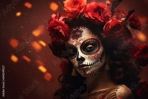 Day of the dead closeup portrait of Catrina with colorful skull makeup. Traditional holiday concept