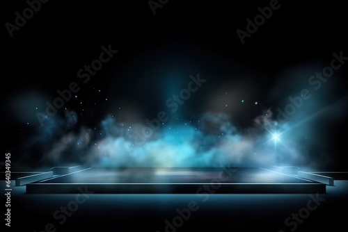 Illuminated stage with scenic lights and smoke. Blue vector spotlight with smoke volume light effect. Generative AI