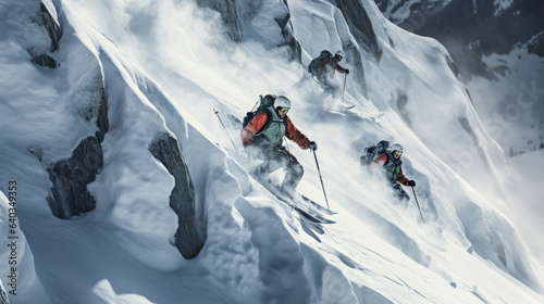 Daredevils ski down a treacherous slope in a thrilling display of skill and courage.