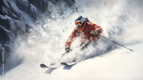 A skier glides down a snowy slope.