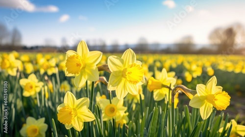 A field of yellow daffodils swaying in the breeze under a clear blue sky.
