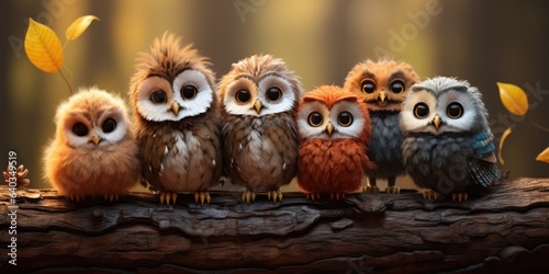 illustration Cute and funny owlets. Animal world. Generative AI © 22_monkeyzzz