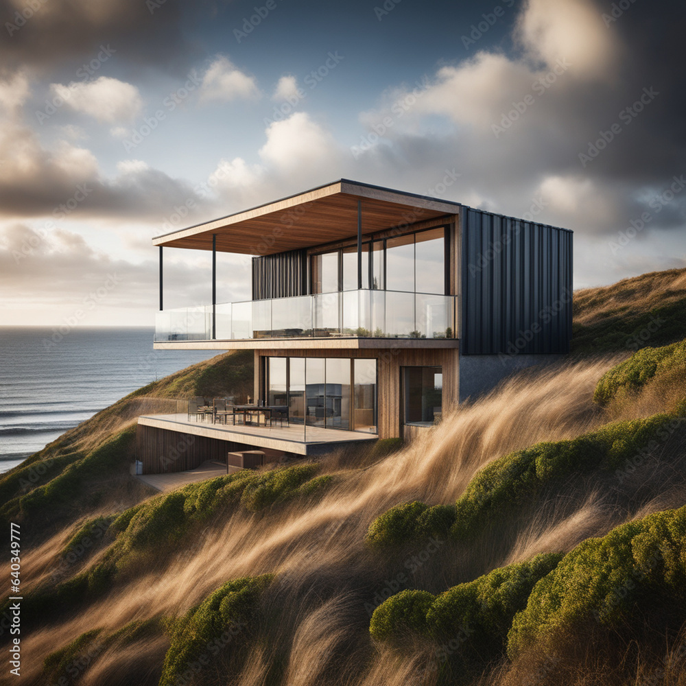 House with solar panels, standing on a sandy beach. Energy independent house.