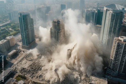 Skyscraper crushing dust city. Generate Ai