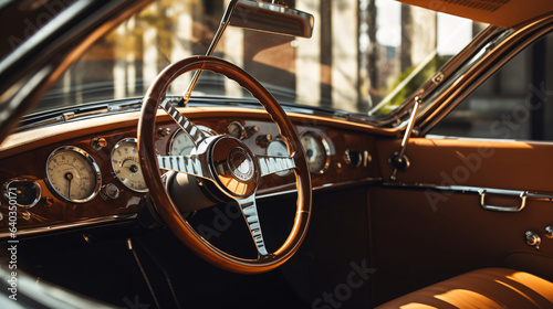 Wooden and Steel Steering Wheel in a Luxury Retro Cabriolet Car © Saran