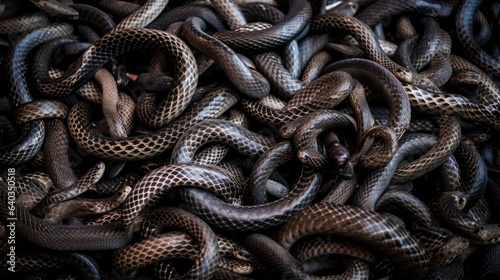 Snakes starts in the spring mating season. Many snakes gathered in the tangle. Illustration for cover, card, postcard, interior design, decor or print. photo