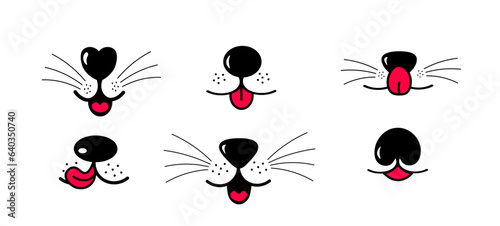 Open mouth and tongue icons. Muzzle of a dog or cat with a nose and whiskers. Cute face of animal or pet.Vector illustration in cartoon style.  © Evi