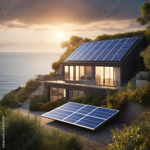 House with solar panels, standing on a rocky shore surrounded by trees and shrubs. Energy independent house.
