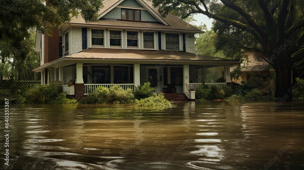 Flooded House in Houston Suburb After Hurricane - Damage, Water, Weather, and Urban Loss for Insurance and Aftermath