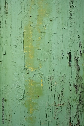 Closeup Light Green Texture of Fractured Metal Sheet with Peeling Paint. Vertical Design Background for Construction and Fence Projects