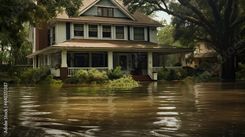 Flooded House in Houston Suburb After Hurricane - Damage, Water, Weather, and Urban Loss for Insurance and Aftermath © AIGen