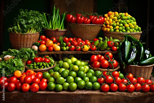 Fresh and Organic Vegetales from Mexico s Market. A Variety of Healthy and Green Fruits and Vegetables for Farming and Food Purposes  Including Tomatoes