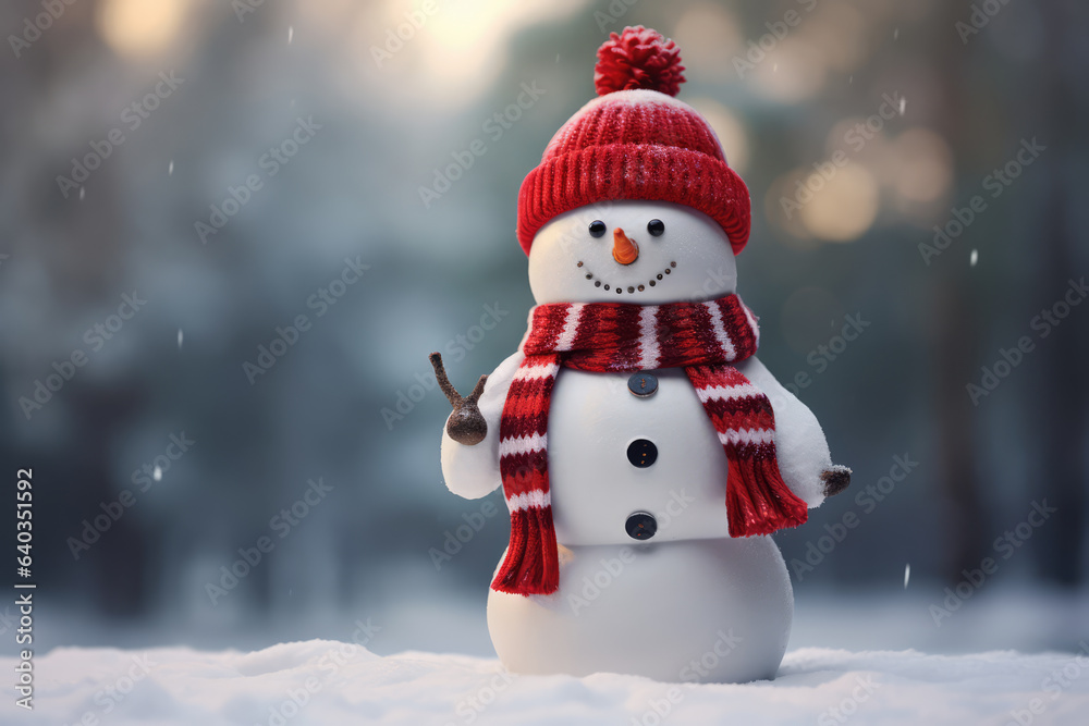 picture of a beautiful snowman, with red clothes, perfect composition, natural lighting.