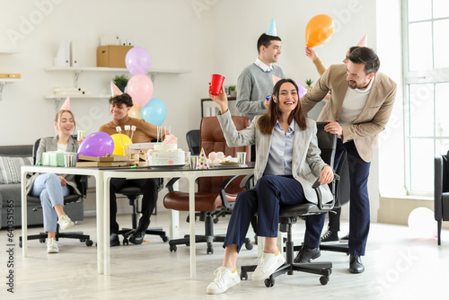 Sticker Group of business people at birthday party in office