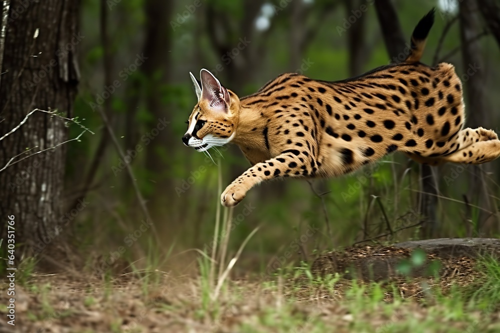 Female Serval in captivity plays at hunting with her keeper. Generative AI Female Serval in captivity plays at hunting with her keeper. Generative AI