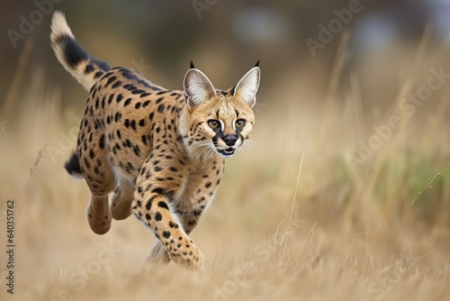 Female Serval in captivity plays at hunting with her keeper. Generative AI