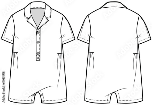 baby playsuit short sleeve romper flat sketch vector illustration technical cad drawing template