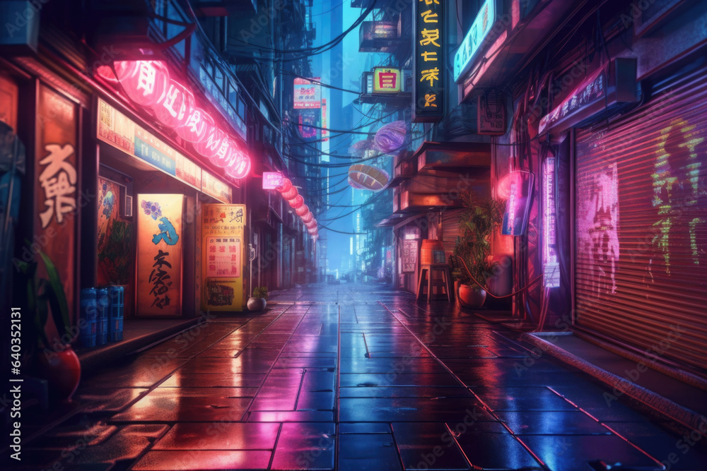 City alleyway with neon lights. Night view of a quiet street. Generative AI