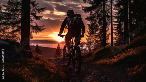 Mountain biker on forest trail in the sunset. Generative AI