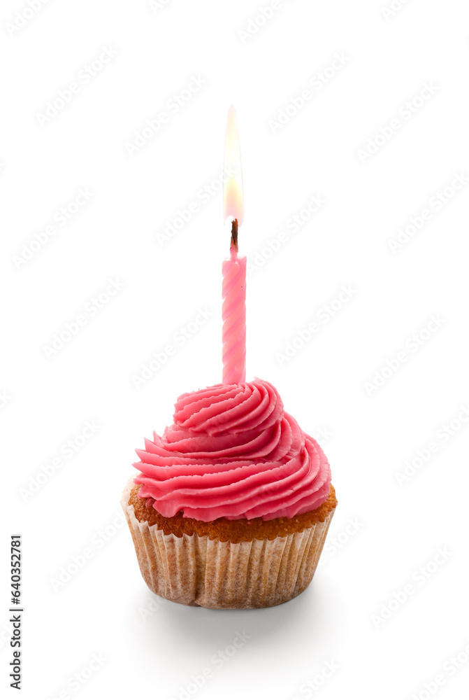 Delicious Birthday cupcake with candle on white background Delicious Birthday cupcake with candle on white background