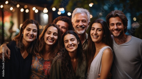 Friendly people of different nationalities and ages smile cheerfully. Persons of different cultures chat pleasantly standing under light of lanterns on dark city street on blurred background