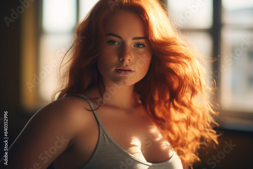 Beautiful young woman redhead, curly hair, plus size body positive female doing sports in the gym with hair blowing in the wind on the Sunset