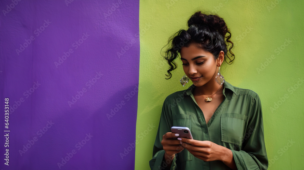 Woman with Phone by Purple Wall. Generative AI. Woman with Phone by Purple Wall. Generative AI.