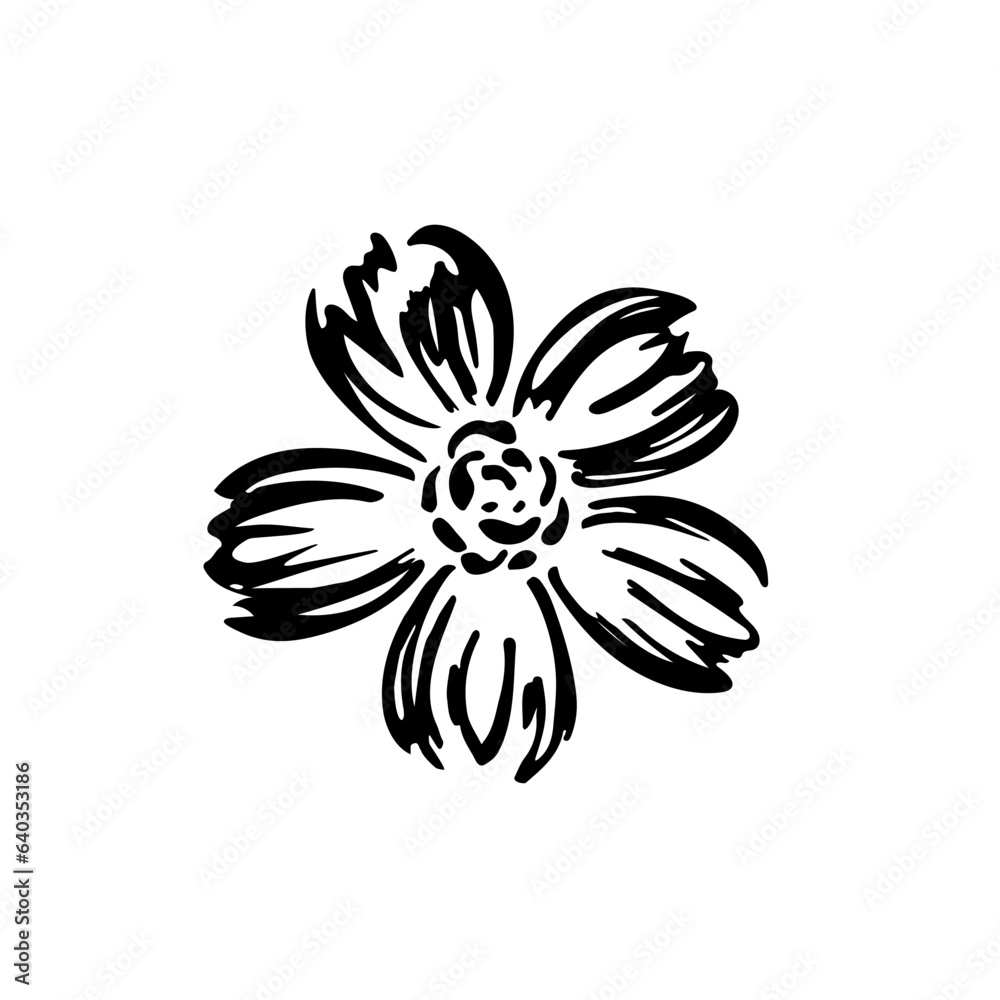 Simple sketch of flower abstract. Hand drawn with a black brush on a white background. Plain doodle. Element for wedding invitation design. Vector illustration isolated