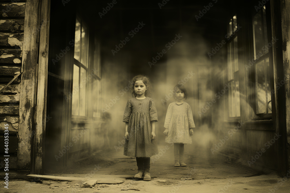 Vintage photo of the ghost of a child.Halloween concept.