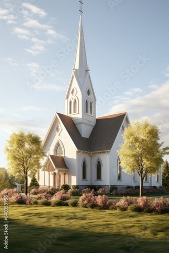 Exterior of little white country church building on a sunny day with white clouds