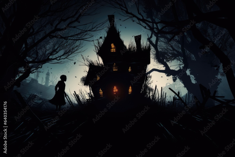 Creepy haunted house with a silhouette of a woman near it.