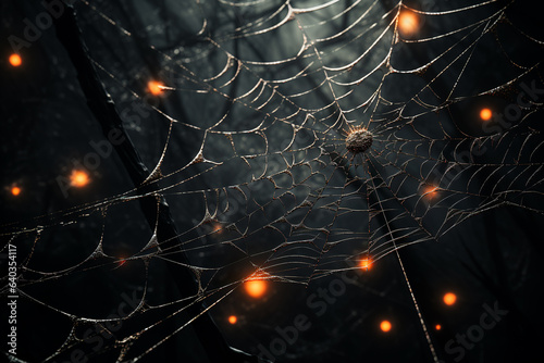 Happy halloween flat lay mockup with spiders, decoration and spider web on black background.