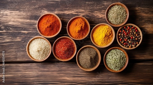Fototapeta Naklejka Na Ścianę i Meble -  Assortment of spices and seasonings on a wooden table, top view