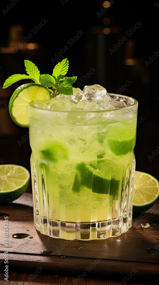 generative ai illustration of a fresh caipirinha cocktail against dark background generative ai illustration of a fresh caipirinha cocktail against dark background