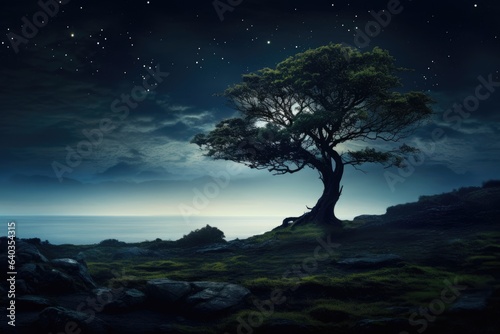Magic lone tree with hanging moss on a moonlit night by the sea.