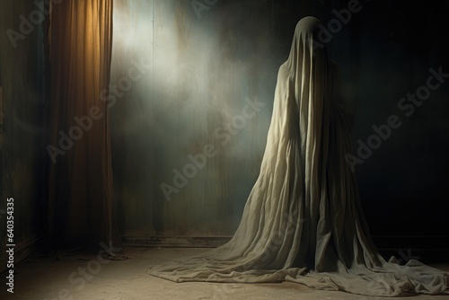 Ghostly apparition stands in a beam of light in misty room.