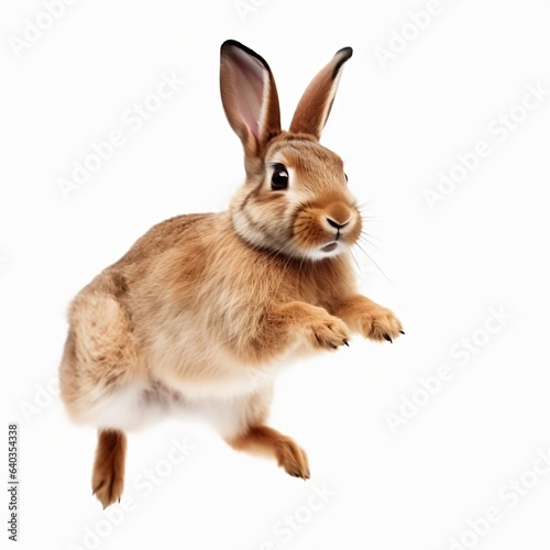 Fluffy bunny jumping on white background, illustration created with generative AI technologies 