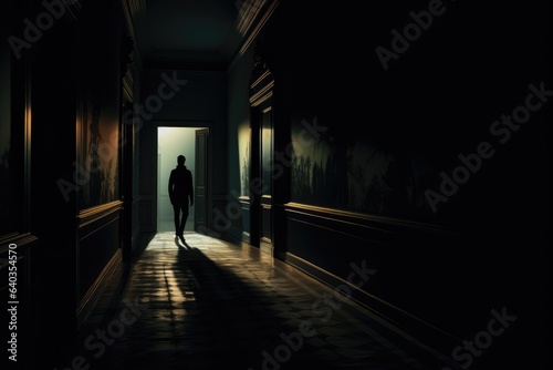 Shadowy figure at the end of a long  dimly lit corridor.