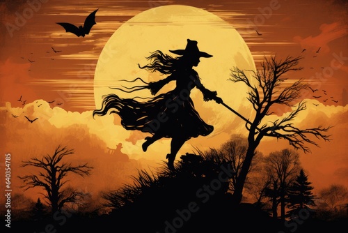 Silhouette of young witch on background of full moon. Vintage-style poster.