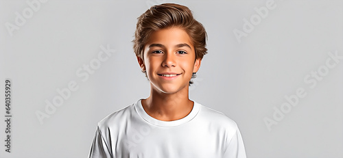 Portrait of smiling pre teen boy wearing a white t-shirt on white background. Banner format.