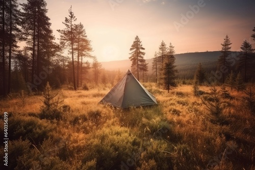 Tent forest sunset. Generate Ai © nsit0108