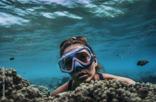 Underwater woman diving explore. Generate Ai
